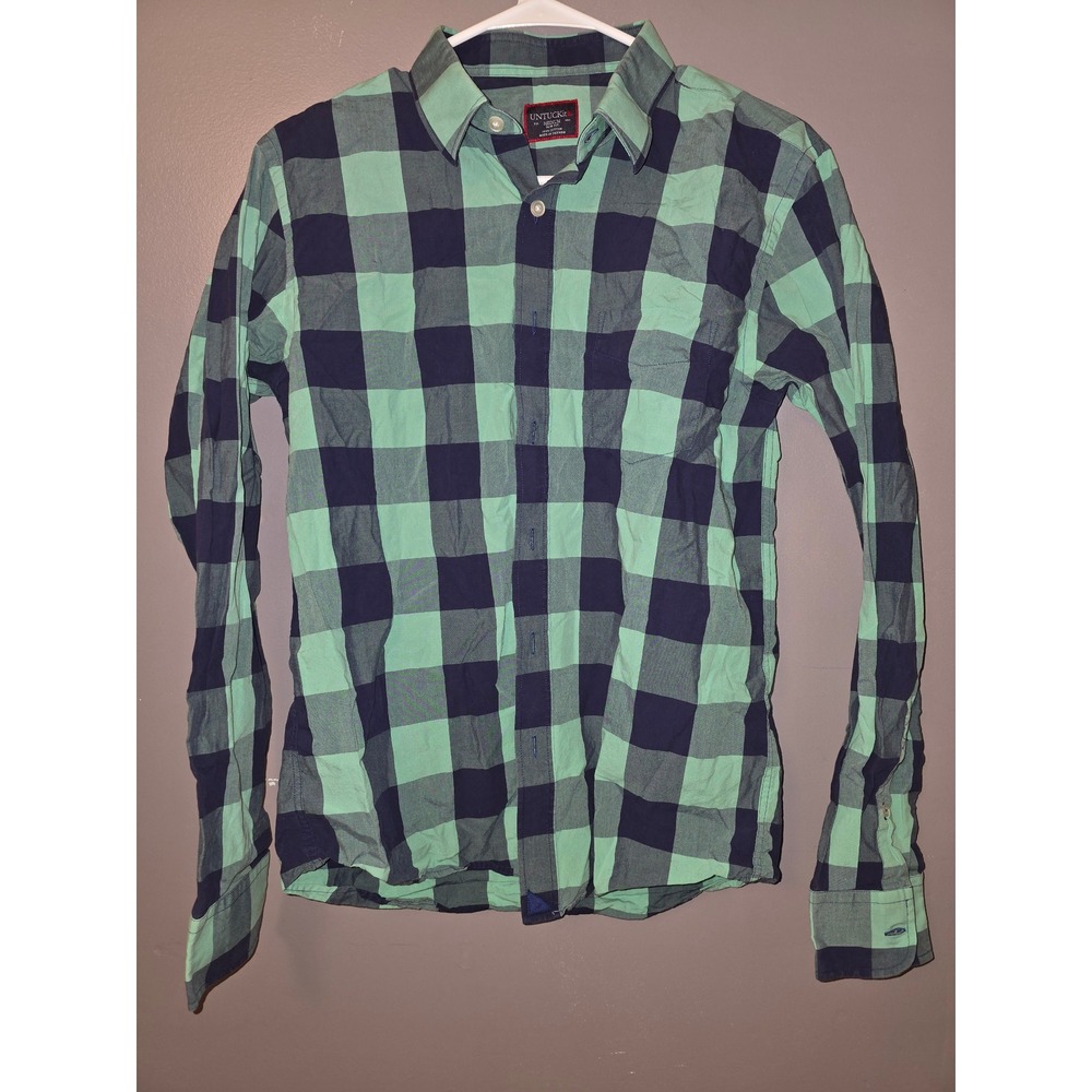 UNTUCKit Mens Slim Fit Cotton Button Down Shirt Green Navy Buffalo Check Medium